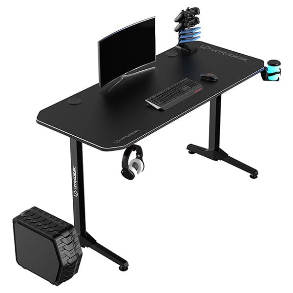 ULTRADESK Biurko dla gracza FRAG - BLACK V3, 140x60 cm, 76 cm, z podkładką pod mysz, uchwyt na słuchawki i napój-2 480 