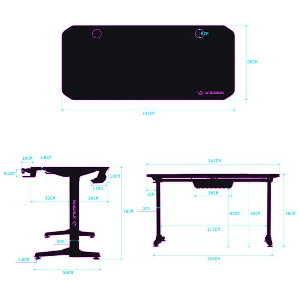 ULTRADESK Biurko dla gracza FRAG - BLACK V3, 140x60 cm, 76 cm, z podkładką pod mysz, uchwyt na słuchawki i napój-6 480 