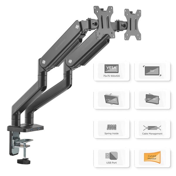 Regulowany uchwyt ULTRADESK BRANCH Double na 2 monitory, 20KG, mocowanie na zacisk, 17"-32", 75x75/100x100, czarny-10 942 