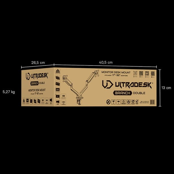 Regulowany uchwyt ULTRADESK BRANCH Double na 2 monitory, 20KG, mocowanie na zacisk, 17"-32", 75x75/100x100, czarny-11 942 