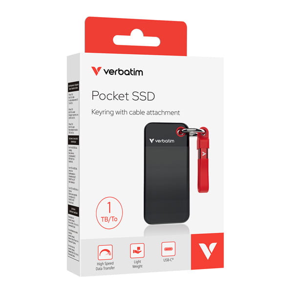 SSD Zewnętrzny Verbatim Pocket SSD Black/Red, 32192, 1000GB, czerwony, M.2, zawiera kabel USB C, USB-C-3 957 