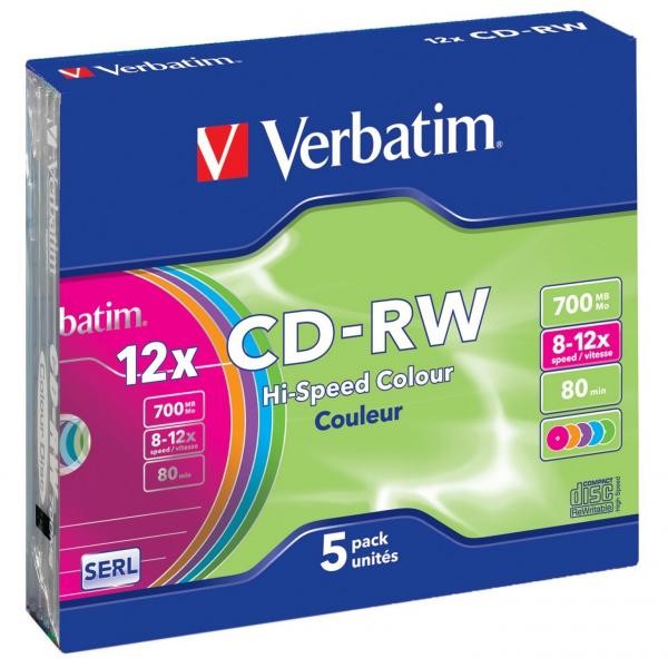 Verbatim CD-RW, 43167, SERL High-Speed Colour, 5-pack, 700MB, 12x, 80min., 12cm, bez możliwości nadruku, slim box, do archiwizacji-4 1001 