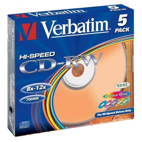 Verbatim CD-RW, 43167, SERL High-Speed Colour, 5-pack, 700MB, 12x, 80min., 12cm, bez możliwości nadruku, slim box, do archiwizacji-5 1001 