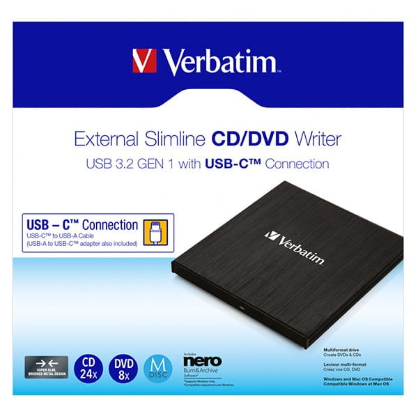 Verbatim 43886, Nagrywarka CD/DVD, szybkość CD(24x) DVD (8x),USB 3.2 GEN1 i USB-C-2 1003 