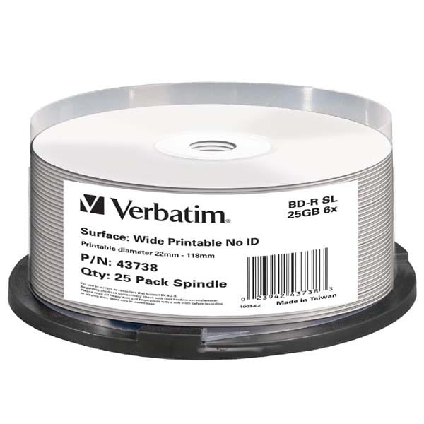 Verbatim BD-R, Single Layer Wide Printable No ID Surface Hard Coat, 25GB, cake box, 43738, 6x, 25-pack, do archiwizacji danych-1 1008 