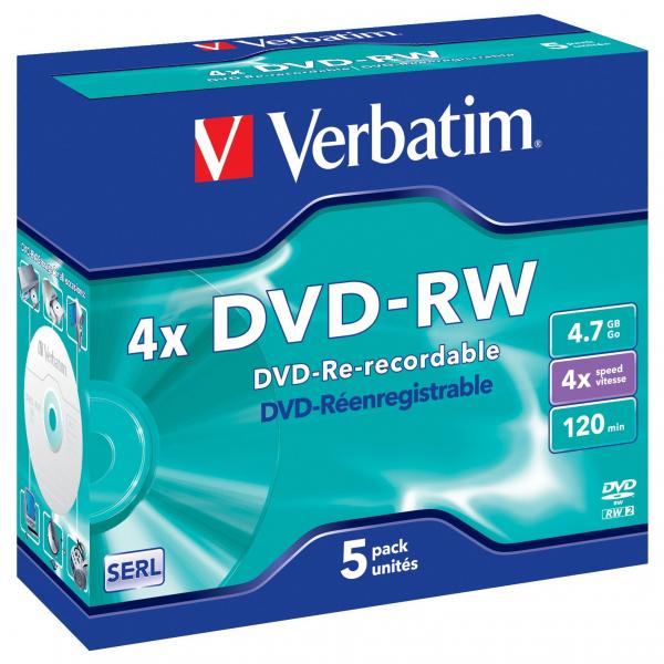 Verbatim DVD-RW, Matt Silver, 43285, 4.7GB, 4x, jewel box, 5-pack, bez możliwości nadruku, 12cm, do archiwizacji danych-1 1027 
