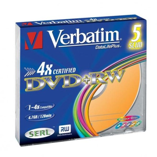 Verbatim DVD+RW, Colour, 43297, 4.7GB, 4x, slim box, 5-pack, bez możliwości nadruku, 12cm, do archiwizacji danych-1 1028 