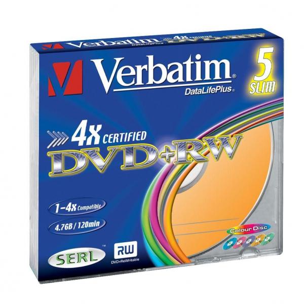 Verbatim DVD+RW, Colour, 43297, 4.7GB, 4x, slim box, 5-pack, bez możliwości nadruku, 12cm, do archiwizacji danych-1 1028 