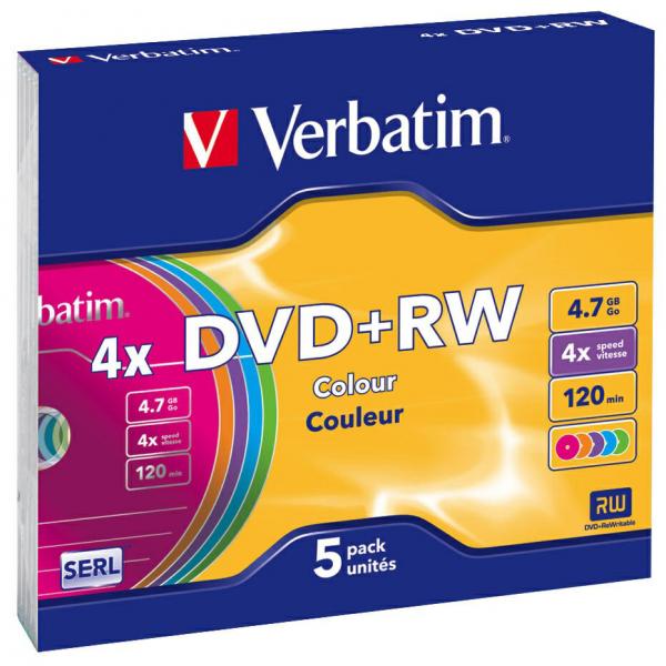 Verbatim DVD+RW, Colour, 43297, 4.7GB, 4x, slim box, 5-pack, bez możliwości nadruku, 12cm, do archiwizacji danych-3 1028 