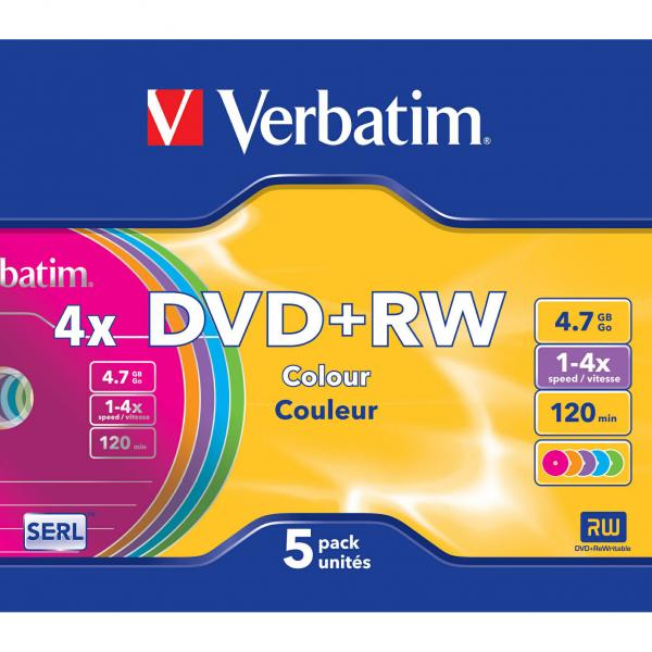 Verbatim DVD+RW, Colour, 43297, 4.7GB, 4x, slim box, 5-pack, bez możliwości nadruku, 12cm, do archiwizacji danych-4 1028 