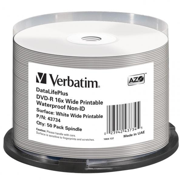 Verbatim DVD-R, Wide Printable Waterproof No ID Brand, 43734, 4.7GB, 16x, spindle, 50-pack, 12cm, do archiwizacji danych-1 1054 