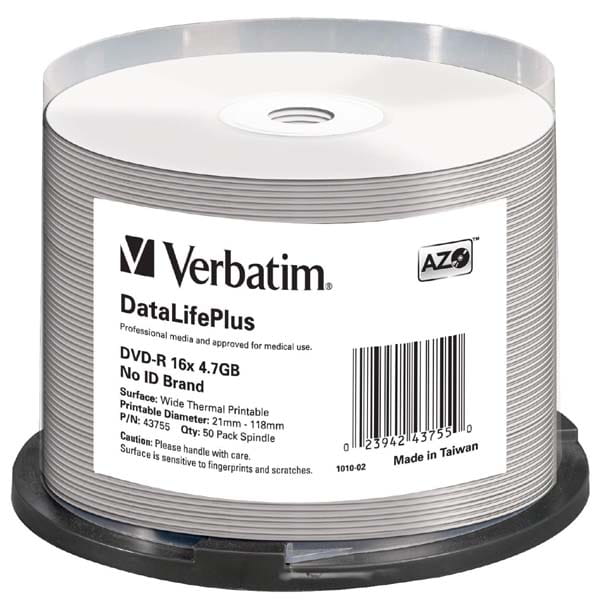Verbatim DVD-R, DataLifePlus Wide Thermal Printable - No ID Brand, 43755, 4.7GB, 16x, spindle, 50-pack, 12cm, do archiwizacji dany-1 1056 