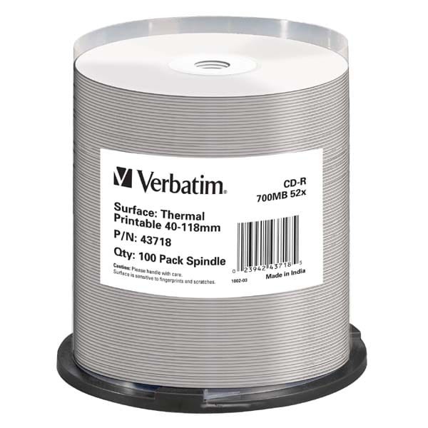 Verbatim CD-R, 43718, Thermal Printable - No ID Brand, 100-pack, 700MB, 52x, 80min., 12cm, spindle, do archiwizacji danych-1 1058 