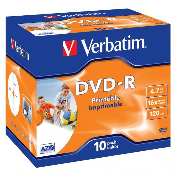 Verbatim DVD-R, Wide Inkjet Printable ID Brand, 43521, 4.7GB, 16x, jewel box, 10-pack, 12cm, do archiwizacji danych-1 1061 