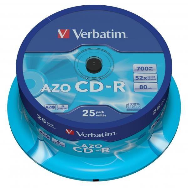 Verbatim CD-R, 43352, AZO Crystal, 25-pack, 700MB, 52x, 80min., 12cm, bez możliwości nadruku, cake box, do archiwizacji danych-3 1068 
