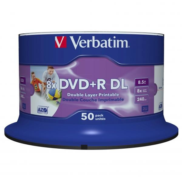 Verbatim DVD+R DL, Double Layer Wide Inkjet Printable, 43703, 8.5GB, 8X, spindle, 50-pack, 12cm, do archiwizacji danych-1 1072 