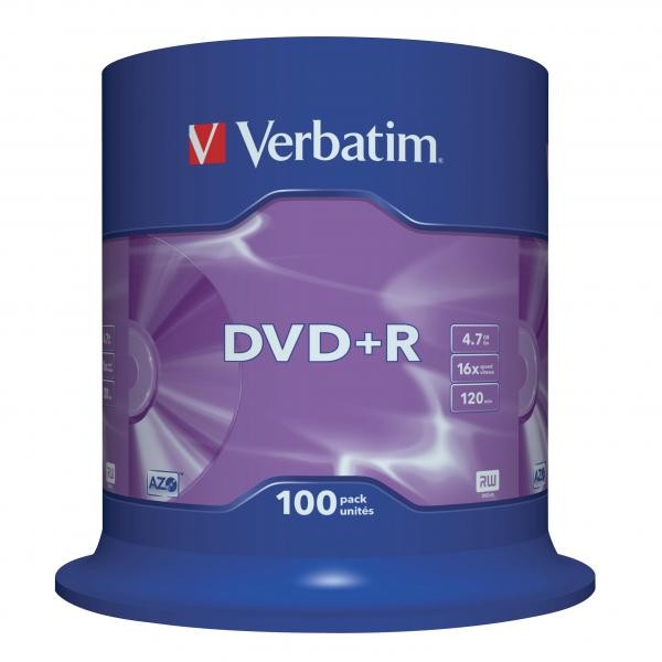 Verbatim DVD+R, Matt Silver, 43551, 4.7GB, 16x, spindle, 100-pack, bez możliwości nadruku, 12cm, do archiwizacji danych-1 1074 
