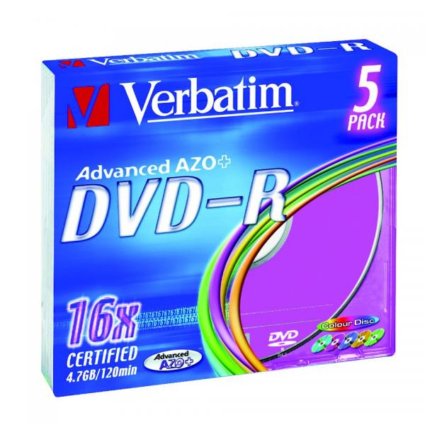 Verbatim DVD-R, Colour, 43557, 4.7GB, 16x, slim box, 5-pack, bez możliwości nadruku, 12cm, do archiwizacji danych-1 1075 