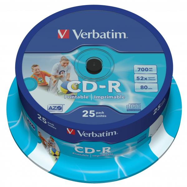 Verbatim CD-R, 43439, AZO Wide Inkjet Printable, 25-pack, 700MB, 52x, 80min., 12cm, spindle, do archiwizacji danych-1 1091 