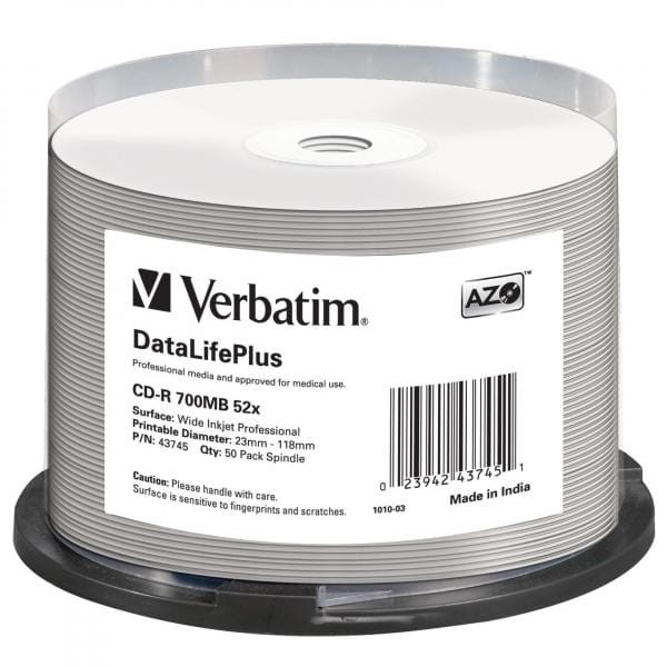 Verbatim CD-R, 43745, DataLifePlus Wide Inkjet Printable, 50-pack, 700MB, 52X, 80min., 12cm, spindle, do archiwizacji danych-1 1096 