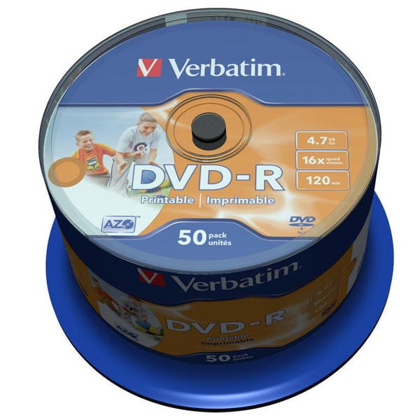 Verbatim DVD-R, Wide Inkjet Printable No ID Brand, 43533, 4.7GB, 16x, spindle, 50-pack, 12cm, do archiwizacji danych-1 1097 