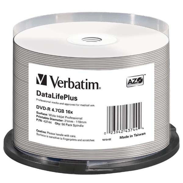 Verbatim DVD-R, DataLifePlus Wide Inkjetr Printable, 43744, 4.7GB, 16X, cake box, 50-pack, 12cm, do archiwizacji danych-1 1101 