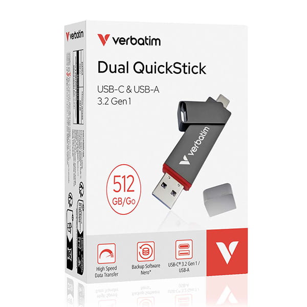 Verbatim USB flash disk, USB C a USB 3.2 Gen 1, 1000GB, Dual QuickStick, szary, 32043, USB C, z oczkiem na brelok-3 1153 