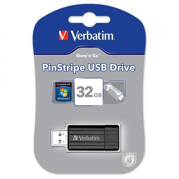 Verbatim USB flash disk, USB 2.0, 32GB, PinStripe, Store N Go, czarny, 49064, USB A, z wysuwanym złączem-1 1157 