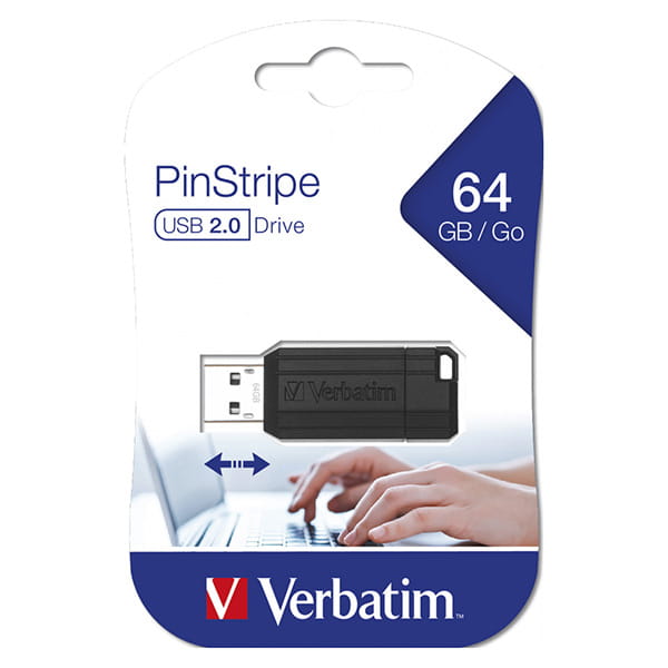 Verbatim USB flash disk, USB 2.0, 64GB, PinStripe, Store N Go, czarny, 49065, USB A, z wysuwanym złączem-1 1158 