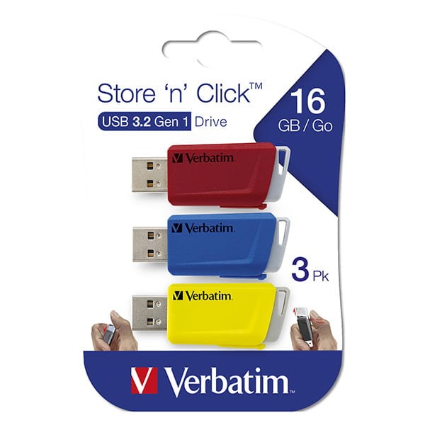 Verbatim USB flash disk, USB 3.0, 16GB, Store N Click, mix kolorów, 49306, USB A, z wysuwanym złączem. 3 szt-1 1165 