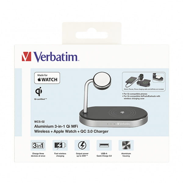 Verbatim, Podstawka ładująca 3 w 1, na iPhone i Apple Watch, czarna, 15V, 44W, Certifikat MFi i Qi-4 1196 