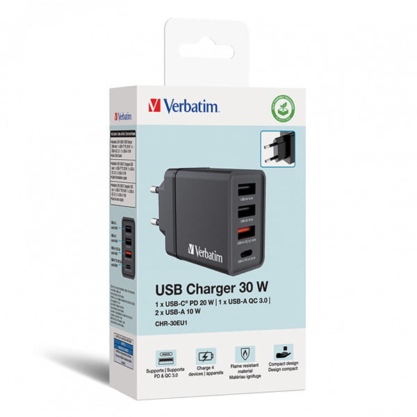 Verbatim Zasilacz / sieciowy adapter 30W, 4-portowy, 1x USB-C, 3x USB-A-1 1198 