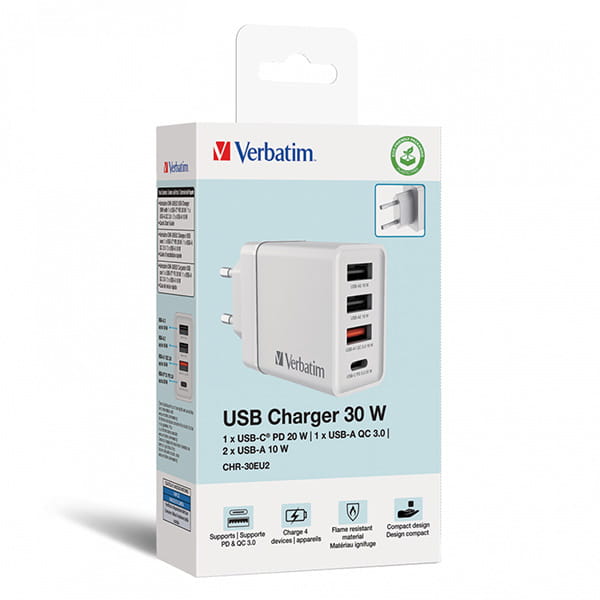 Verbatim Zasilacz / sieciowy adapter 30W, 4-portowy, 1x USB-C, 3x USB-A-1 1199 