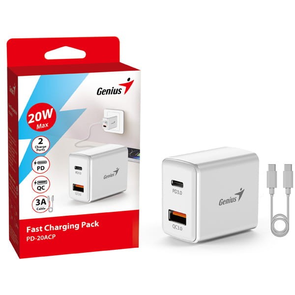 Genius Zasilacz / sieciowy adapter 20W, 2-portowy, USB-C, USB-A, PD-20ACP-2 1201 