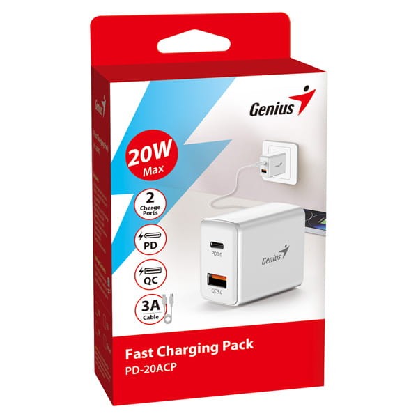 Genius Zasilacz / sieciowy adapter 20W, 2-portowy, USB-C, USB-A, PD-20ACP-3 1201 