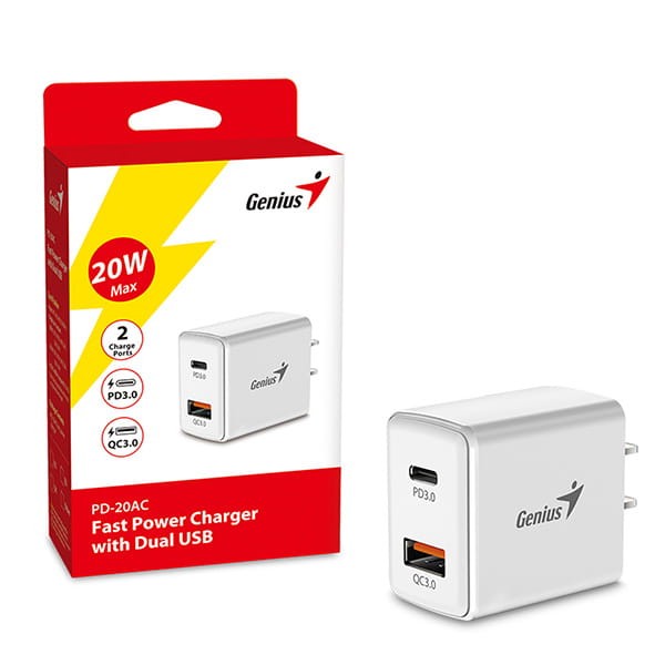 Genius Zasilacz / sieciowy adapter 20W, 2-portowy, USB-C, USB-A, PD-20AC-2 1202 