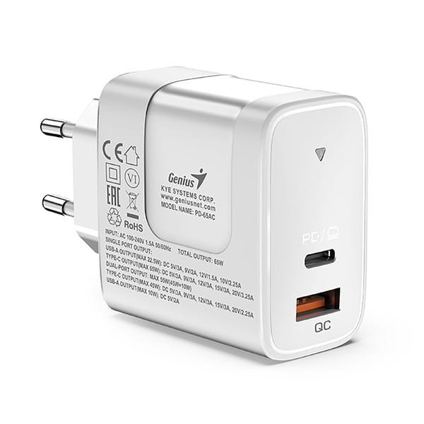 Genius Zasilacz / sieciowy adapter 65W, 2-portowy, USB-C, USB-A, PD-65AC-3 1203 