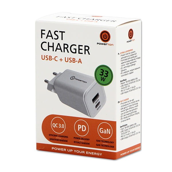 Powerton Zasilacz / sieciowy adapter 33W, 2-portowy, USB-C, USB-A, 33W GaN Charger-6 1204 