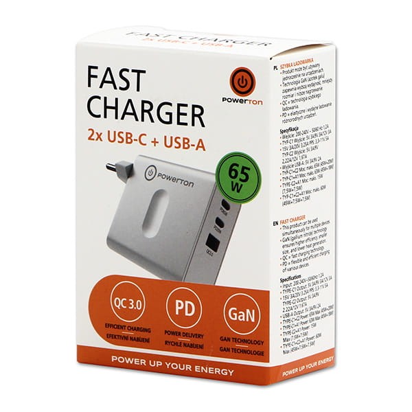Powerton Zasilacz / sieciowy adapter 65W, 3 porty, USB-C, USB-A, 65W GaN Charger-6 1205 
