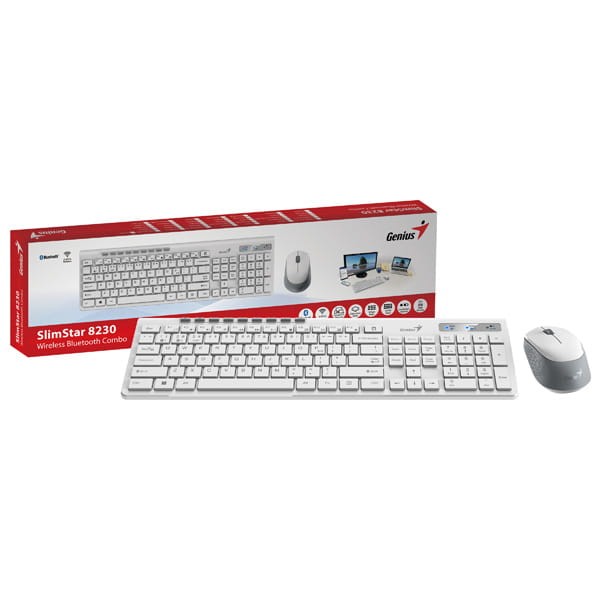 Genius SlimStar 8230 zestaw klawiatura bezprzewodowa CZ/SK, biała z myszą optyczną bezprzewodową, 1x AA, 1x AA, klasyczna, Dual-Mo-4 1403 